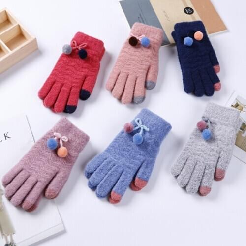 Winter ladies gloves cute fur ball pendant full finger gloves knitted outdoor riding warm touch screen gloves A50