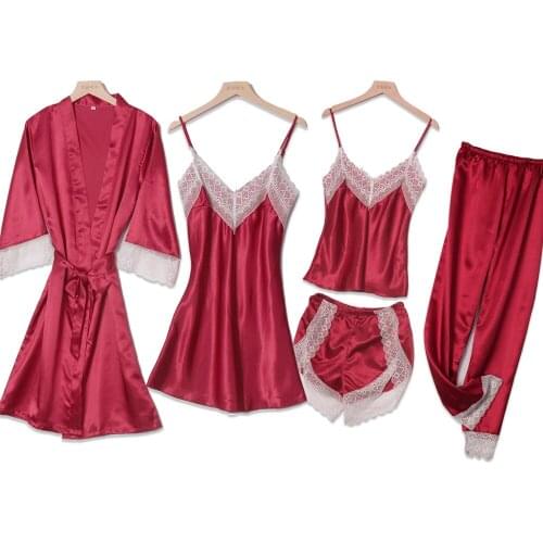 5PC Silk Robe Sets Sleep Suit Womens Lace Satin Pajamas Gown Set V-Neck Cami Nighties Pijama Home Clothes Spring Nightdress
