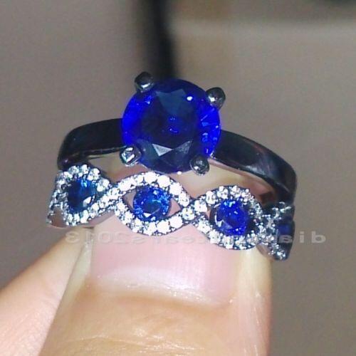 6mm stone Free shipping SZ5-11 Classical 10kt black gold filled GF blue CZ Engagement Wedding Ring set gift choucong