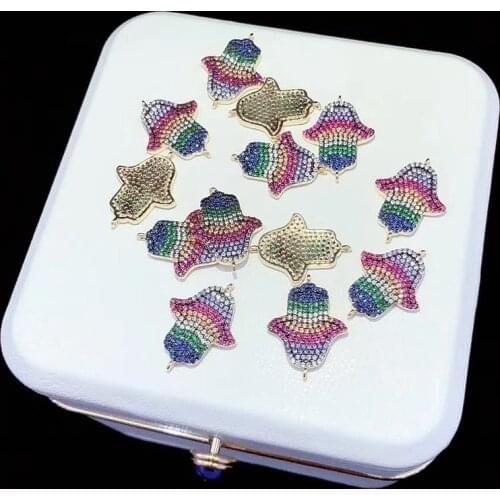 6PCS ZYZ-B9904 Gold Color Rainbow CZ Hamsa Hand Connectors For DIY Bracelet Making CZ Crystal Micro Pave Metal Jewelry Findings