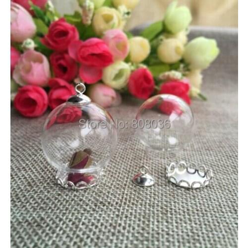 Freeshipping 20sets/lot silver color 20*12mm glass dome globe & base & cap set glass globe set glass vial pendant glass cover