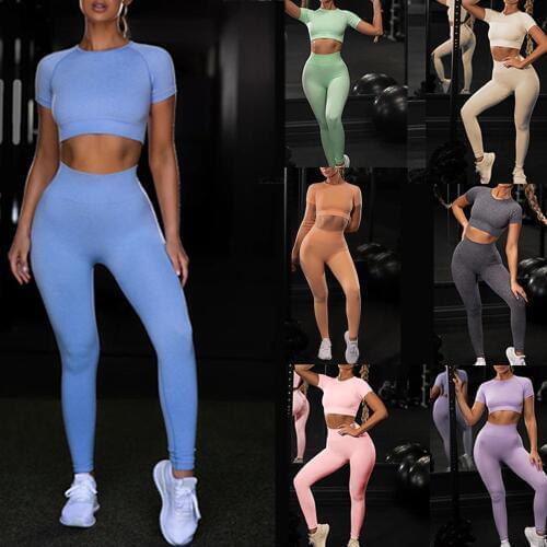 2PCS Seamless Yoga Sports Suits Sport Short Shirt Top+High Waist Fitness Legging Gym Set Running Sportswear Workout Wear