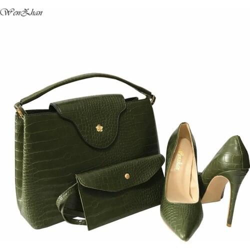 Elegant Office Women Pumps Shoes Green Color Pointed Toe Luxury With Matching Women Handbags Purse Set WENZHAN 36-43 12cm