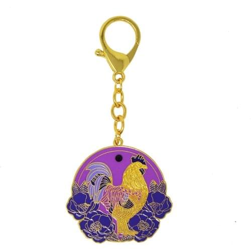 Feng Shui “Enhancing Relationships”Purple Tibetan Petal and Golden Rooster Hanging Keychain W4321