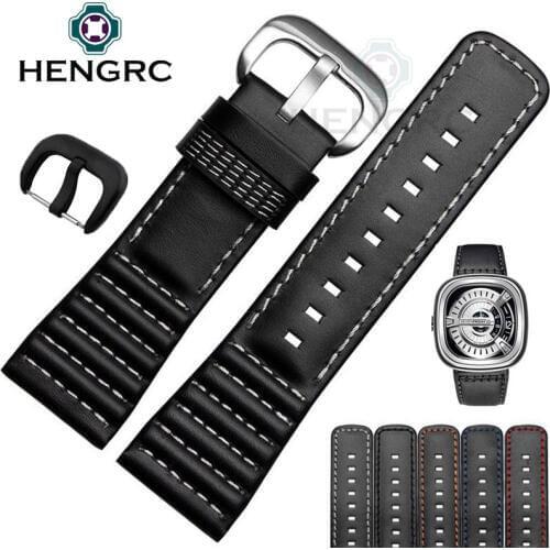 HENGRC 28mm Watch Strap Band Genuine Leather High Quality Black Clock Belt Stainless Steel Pin Buckle Clock Accessories
