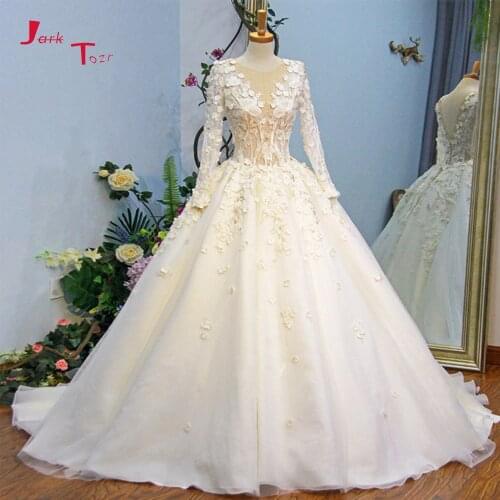 Jark Tozr New Arrive Abiti Da Sposa Long Sleeve Pearls Crystal Appliques Flowers Princess Wedding Dresses Vestido-De-Noiva