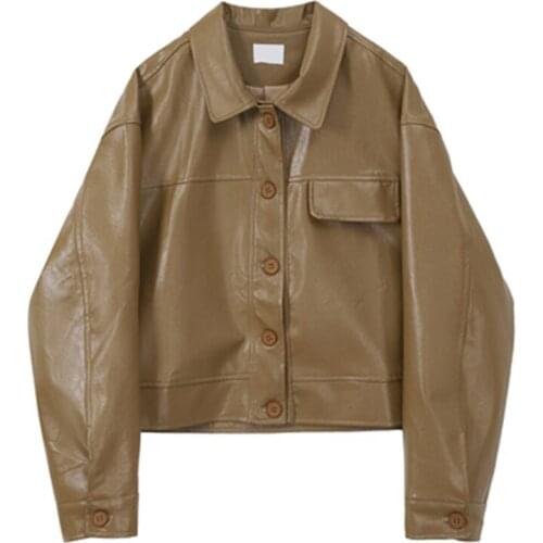 New Fashion Spring Autumn Womens PU Leather Coat Loose Oversize Lady Clothes Female Leather Jackets Casual Retro Streetwear