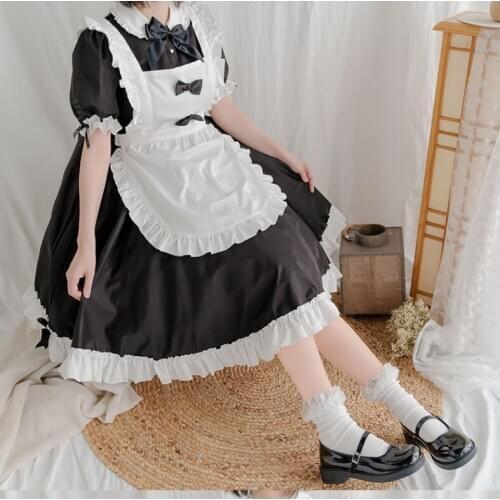 Lovely Soft Girl perspective Sexy Maid Dress Set Black White Womens Transparent Bow Uniform Apron Lingerie Nightdress