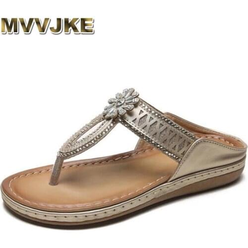 MVVJKE Women Sandals 2021 New Women Non-slip Sandals Rhinestones Flower Hollow Boho Fashion Summer Beach Flat Slippers Sandalias