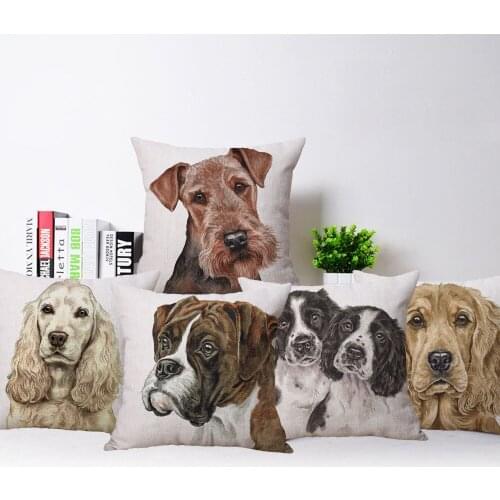 Airedale Terrier Cushion Cover Labrador Dog Collie Pillowcase Decor Beige Linen White Polyester 45X45cm Sofa Chair Decoration