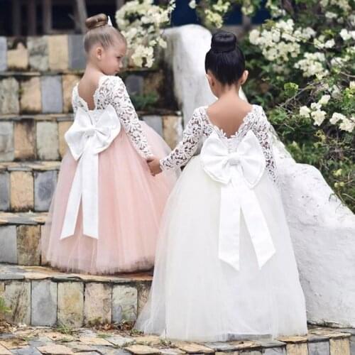 Cheap Flower Girl Wedding Dresses Long Sleeve White Lace Bow Puffy Tulle Girls Pageant Gown Communion Birthday Custome