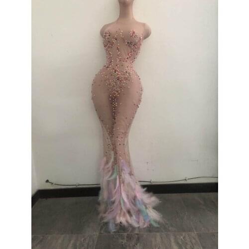 2020 New Multi-color Pearl Feather Tail Transparent Net Long Dress Birthday Celebrate Outfit Bar Prom Women Dance show Dress