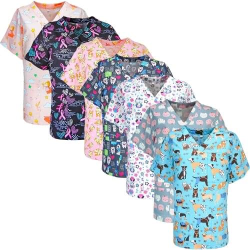 New Unisex Nurse Doctors Scrub uniform top Dental Clinic workwear scrub top Anime Printing working clothes Short Sleeve Tops Cap