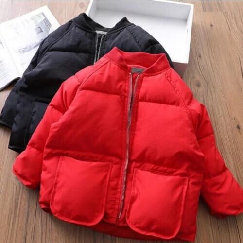 3-8Y Winter Children Down Jackets 2020 Fashion New Black/Red Solid Color Zipper Rib Collar Cotton Coat Boys Girls Jacket 3-8Y