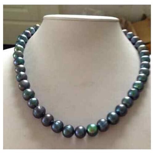 Stunning 9-10mm tahitian round black green multicolor pearl necklace 18inch 14k