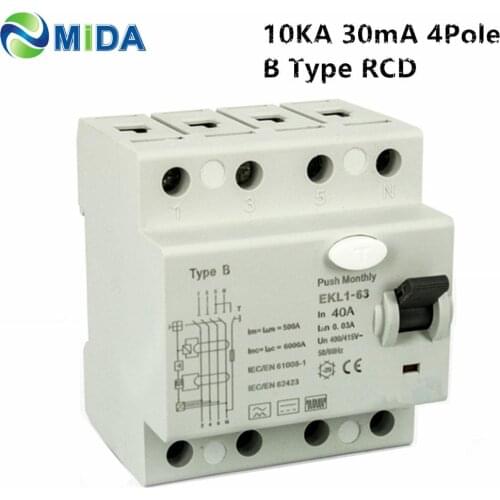 RCCB 4P EKL1-63 10KA 4Pole 30mA RCD 40A /63Amp B Type RCD for WallBox EV Charger