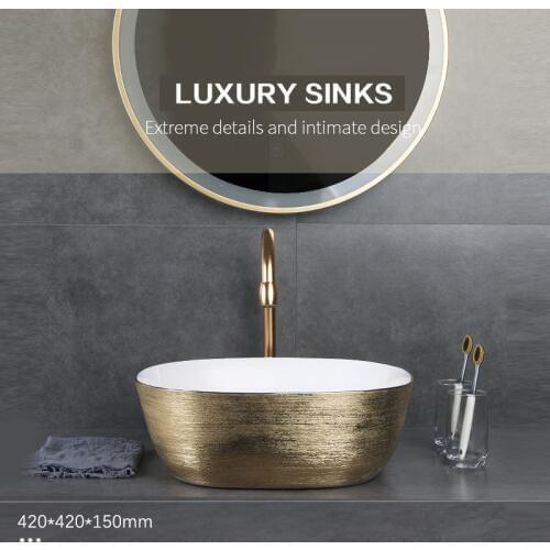 Luxury Bathroom Sinks Art Ceramic Vessel Brushed Rose Gold Golden Matte Black White Golden MaWashing Basin Bowl Basin Sink AM909