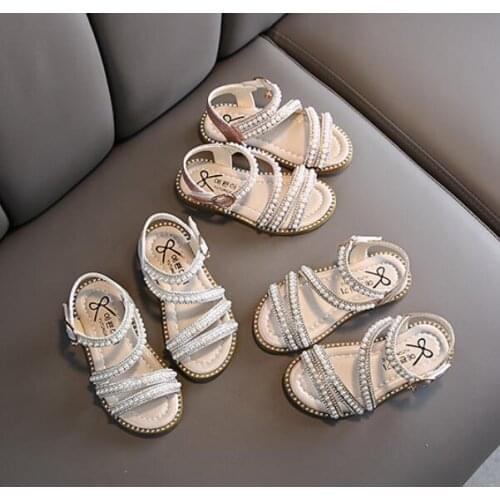 New Summer Girls Roman Style Sandals Kids Beach Sandals Princess Pearl Beading Dress Shoes Children Rhinestone Summer Shoes