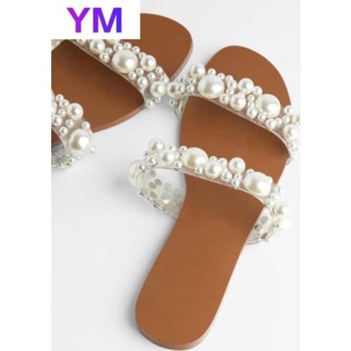 Summer 2021 Women Sandals Solid Color Pearl Open Toe Flat Sandals Outdoor Beach New Fashion Plus 35-43 Zapatillas Mujer Casa