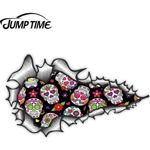 Jump Time Ripped Torn Metal Design With Mexican Sugar Skull Pattern Motif External Vinyl Car Sticker for Windows Bumper