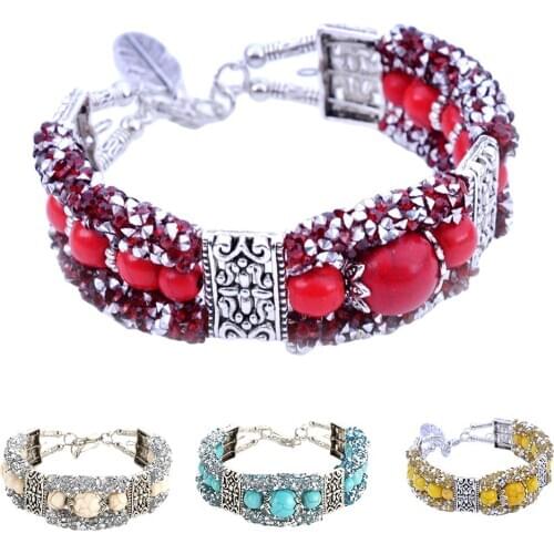 Vintage Women Faux Beads Rhinestone Carved Bracelet Bangle Jewelry