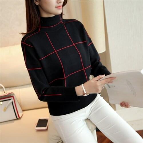 2021 New Long Sleeve Plaid Turtle Neck Pullover Knit Sweater for Girls