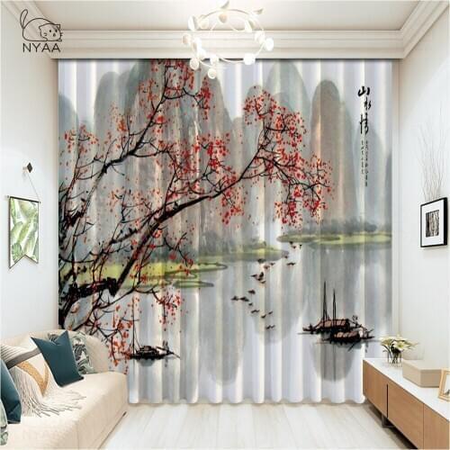 Beautiful Watercolor Ink Painting Photo Curtains For Kitchen Living Room Pastoral Curtain Modern Curtain Hook Micro Shading