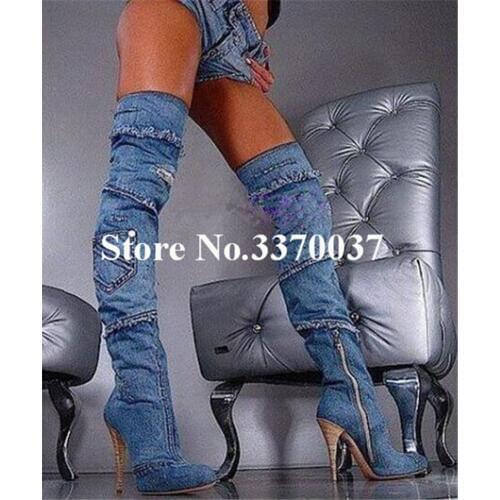 Women Sexy New Fashion Blue Denim Over Knee High Heel Boots Slim Style Thigh Long Thin Heel Boots Nightclub Dress Shoes