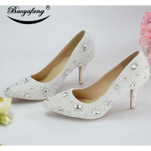 BaoYaFang Pointed Toe White Pearl Beaded Sweet heel Wedding shoes Woman Crtstal party heels Female single shoes