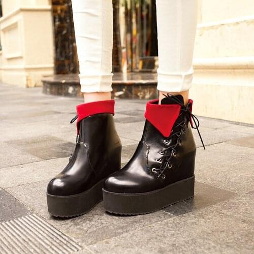 YMECHIC Ladies Cross Tied Platform Punk Shoes Black Yellow Red Creeper Rock Vintage Lace Up Ankle Gothic Boots Plus Size 2018