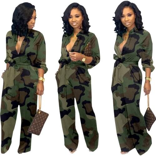 Women Fashion Camouflage Overalls Long Sleeve Pocket Jumpsuits Romper Long Wide Leg Pants Female Clothing