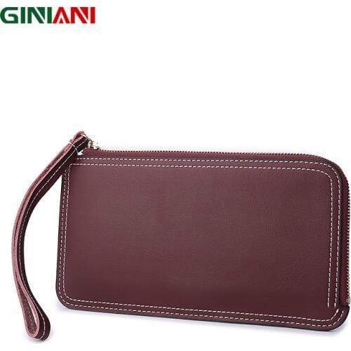 GINIANI Genuine Leather Womens Solid Retro Color Phone Holder White Stitch Simple Basic Super Thin Long Wallet With String