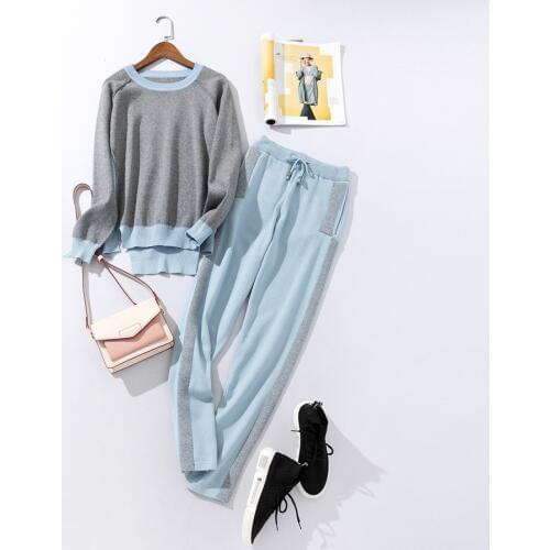 Amolapha Women Irregular Hit Color Knitted Sweater Top+Pants Set Casual Knitted Tracksuit Outfits