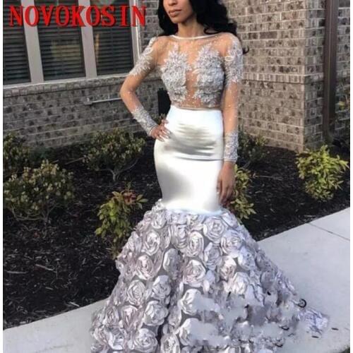 Gorgeous Rose Flowers Mermaid Prom Dresses 2019 Appliques Beads Sheer Long Sleeve Evening Gown Stretchy Satin robes de soiree