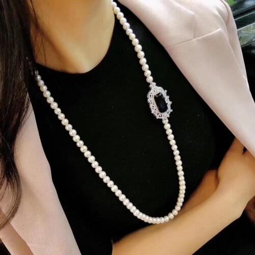 Trendy Real Natural Long Pearl Royal Blue Zircon Necklace Women,Wedding White Freshwater Round Pearl Necklace Party Gift