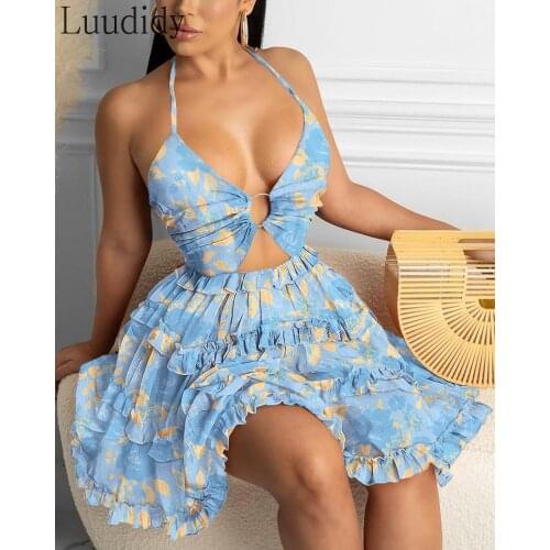Women Sexy Cami Deep-V Frill Hem Floral Print Dress