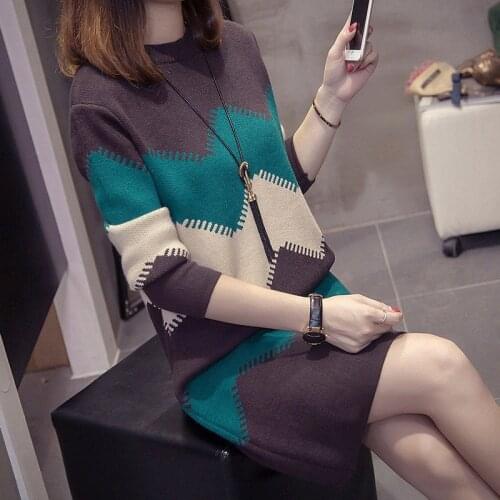 New Spring Autumn Women Sweater Dress Fashion Stripe Patchwork Knitted Dress Plus Size Casual Ladies Pull femme Vestidos f1669