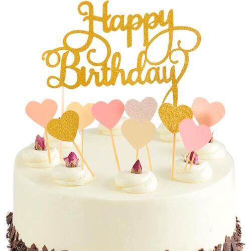 FunPa 11PCS Cake Topper Set Glitter Happy Birthday Love Heart Cupcake Topper Party Decor Topper For Baby Shower Birthday