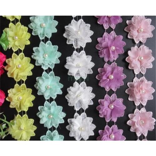 12PCS Soluble Chiffon Pearl Flowers Embroidered Lace Trim Ribbon Fabric Sewing Craft For Costume Wedding Dress Decoration