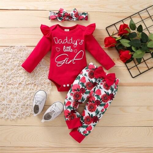 3pcs Newborn Baby Girls Clothes Cotton Ruffle Letter Romper +Pants +Hairband Set Infant Baby Outfit Fall Girl Clothing 3 6 9 12M