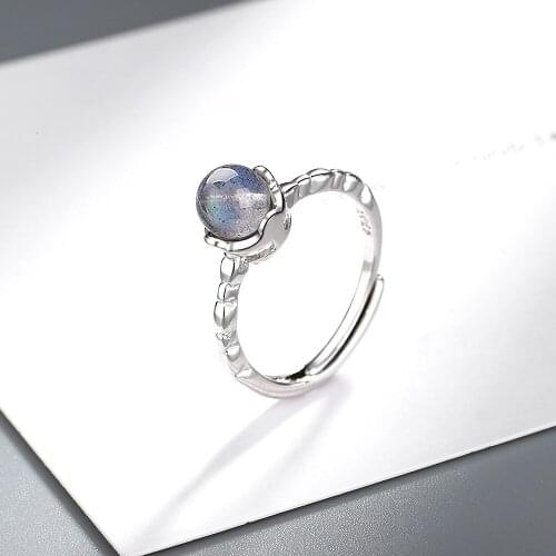 925 Sterling Silver Moonstone Round Bead Rings For Women Adjustable Size Wedding Party Jewelry jz556