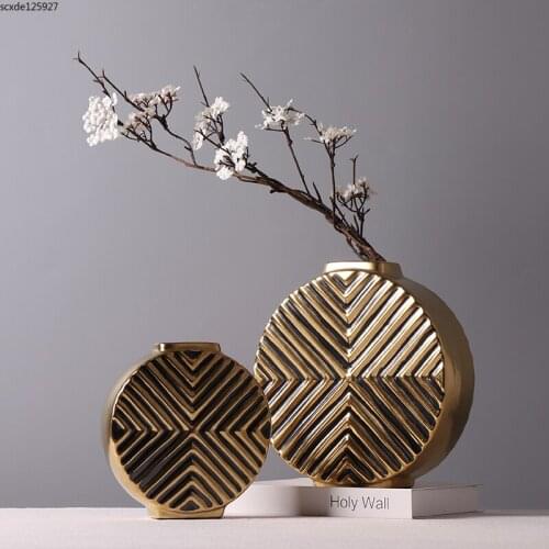 American Golden Ceramic Vase Flat Bottle Flower Arrangement Dried Flower Electroplating Vase Living Room Office Decoration Gift