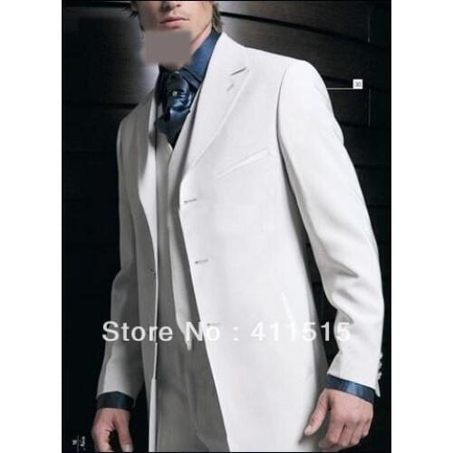 Free shipping/Three Buttons White Groom Tuxedos Peak Lapel Groomsmen Men Wedding groom wear Suits/custom made man cheap dress