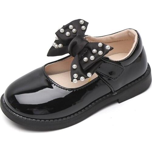 CUZULLAA New Children Girls Princess Pearl Butterfly-Knot Casual Shoes Size 23-36 Baby Kids Patent Leather Shoes