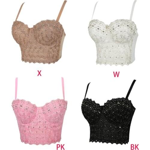 Women Embroidery Lace Bustier Crop Top Sequins Rhinestone Push Up Corset Bra 50JB