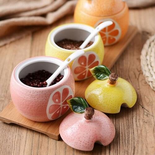 Creative Fruit Type Kitchen Ceramic Condiment Bottles with Spoon Watermelon Lemon Shape Seasoning Flavouring Bottle Jars