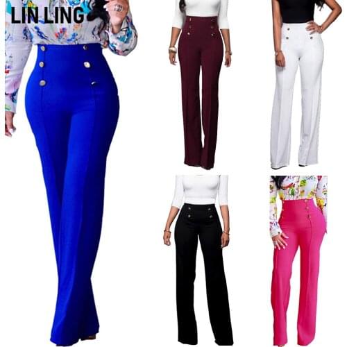 LINLING Fashion Solid Professional Wear Personality Double Breasted Decorative Straight Bell Bottom Pants