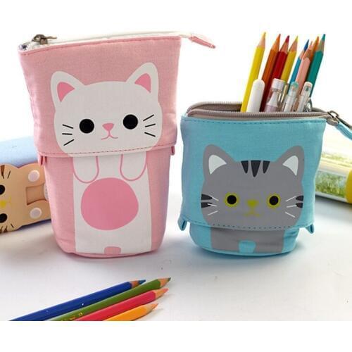 Shop Pencil Rack Canvas Cartoon Cute Cat Telescopic Pencil Bag Stationery Pen Box Multi-function Deformation Light Cosmetic Bags