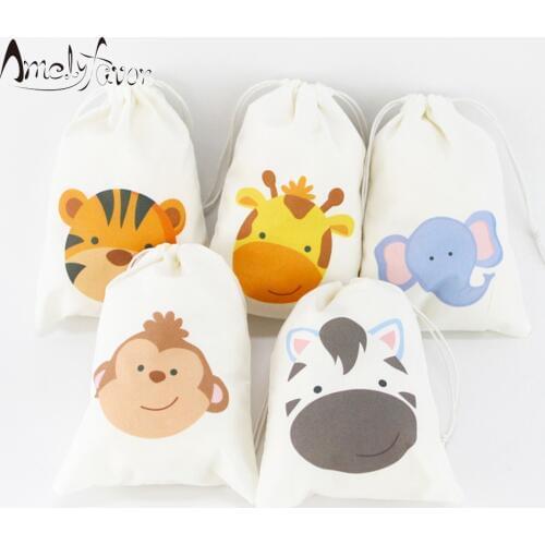 Safari Baby Animals Theme Party Favor Bags Candy Bags Baby Shower Birthday Gift Bags Animals Party Decorations Supplies 5PCS