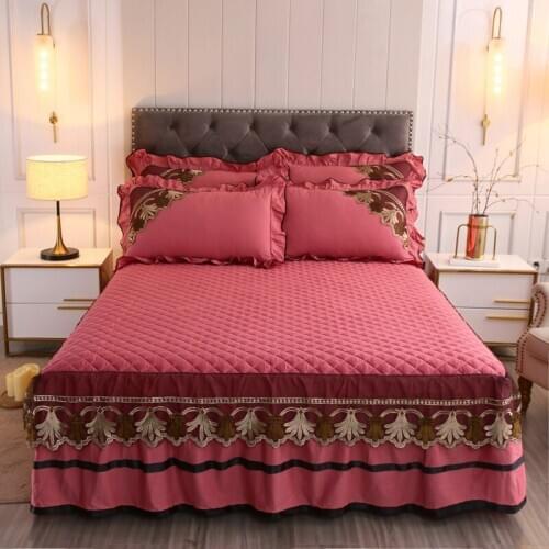2020 new products All cotton quilting Bed spread Fitted Sheet Pillowcases 2/3pcs Pure color Pleated double lace princess Bedding